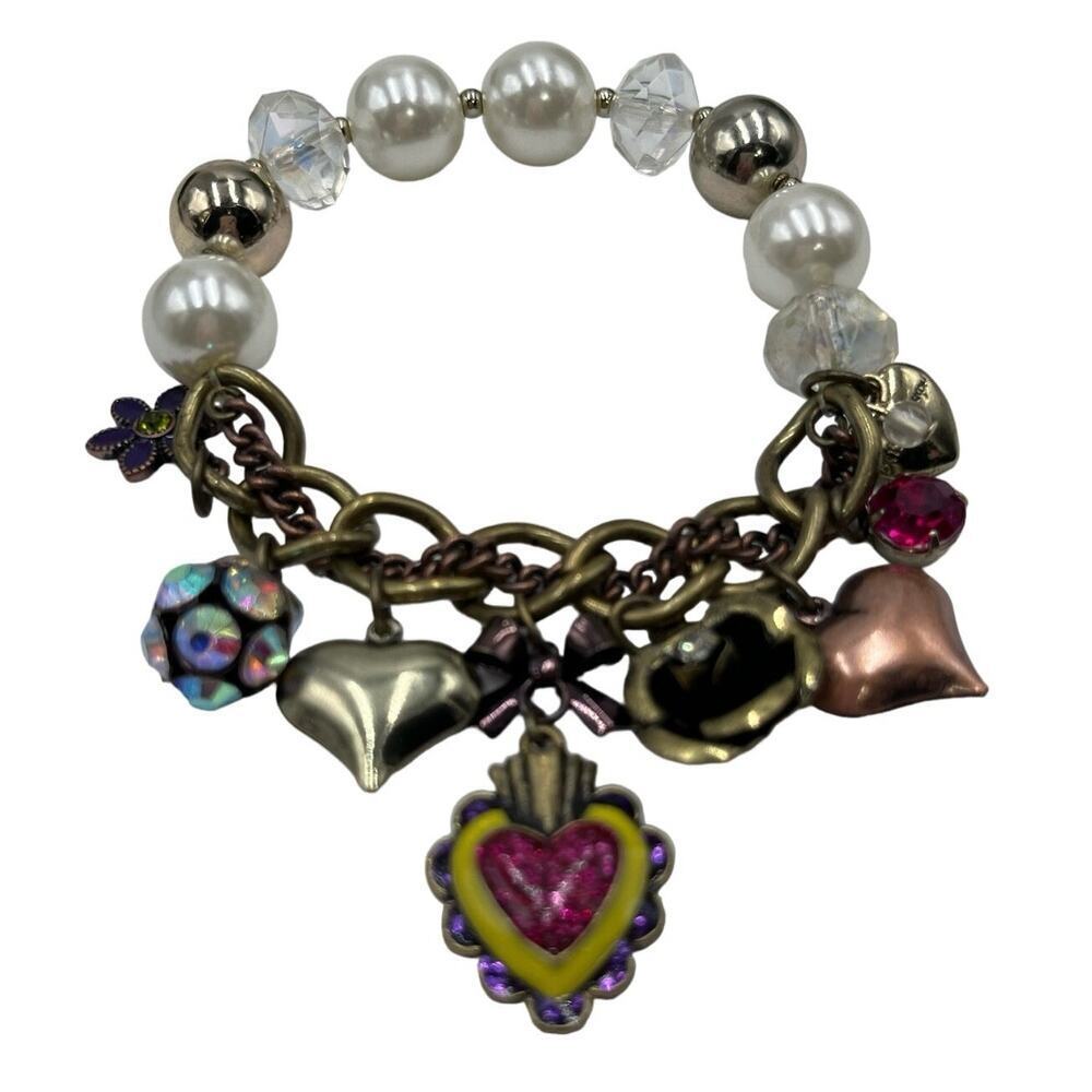 Betsey Johnson Half Stretch Faux Pearl Multicolor‎ Heart Flower Charm Bracelet